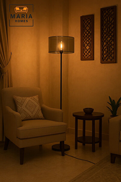 MARIA HOMES Black Floor Lamp with Smoked Glass Shade