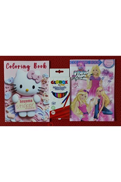 ada çanta kırtasiye 2 adet stickerli boyama kitabı ve 12 li kuru boya kalemi (Barbie / Hello Kitty-A)