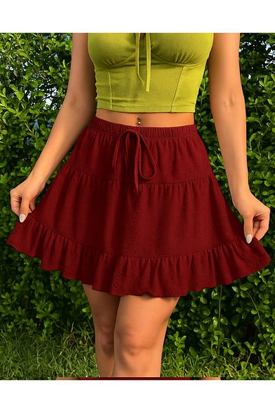 Wild Flower Burgundy Embroidered Ruffle Lace Skirt