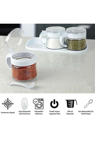 ForWhat White 3Pcs Glass Spice Rack Set with Lid Spoon with Stand for Bureau Home Office Kitchen