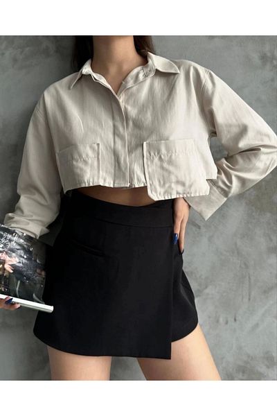 Işıltı kidss Poplin crop shirt beige s3060