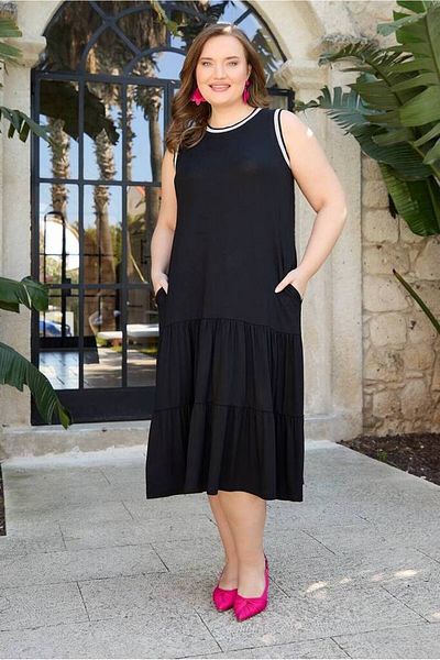 FOR ESRA BIG TREND Women's Collar Sleeve Rib Detail Flared Skirt Pocket Flexible Sleeveless Viscose Midi Length Dress
