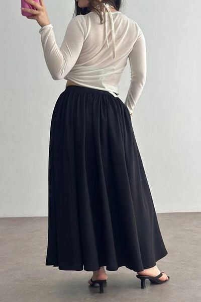 ufukmoda Linen Skirt with Pockets Black Kz24