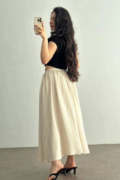 ufukmoda Pocketed Linen Skirt Beige Kz24