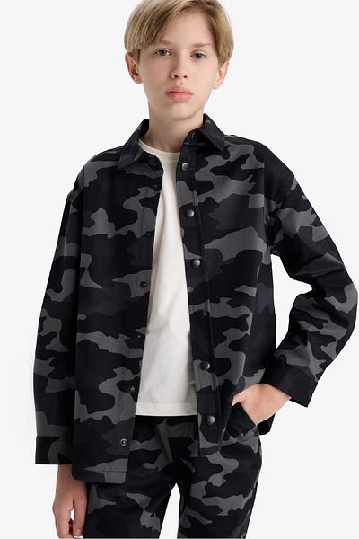 DeFacto Αγόρι Oversize Φαρδύ γιακά πόλο με μοτίβο καμουφλάζ Gabardine μακρυμάνικο πουκάμισο F1507A825AU