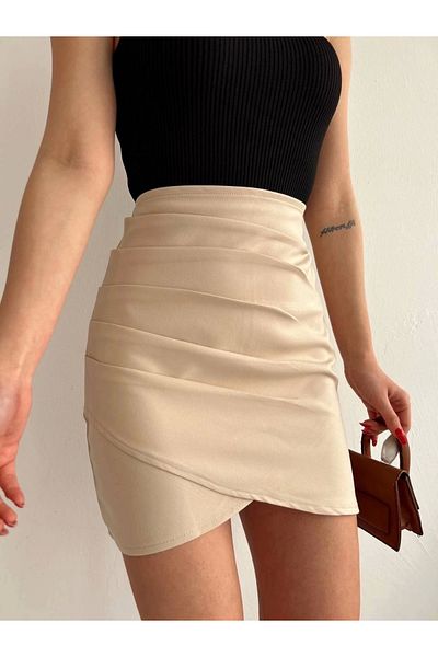 ufukmoda Asymmetrical Skirt with Side Drapes Beige S24771