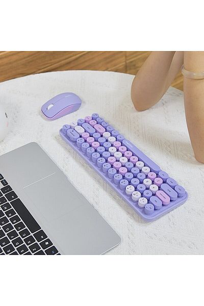 Choice Purple Color MOFII Wireless Keyboard and Mouse, Cute Colorful 68 Round Keycap Compact Keyboard for C