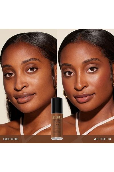 MILANI كريم أساس كونسيل + بيرفكت 2 في 1، تغطية كاملة، نباتي، يدوم طويلاً، خالٍ من الزيوت، 30 مل