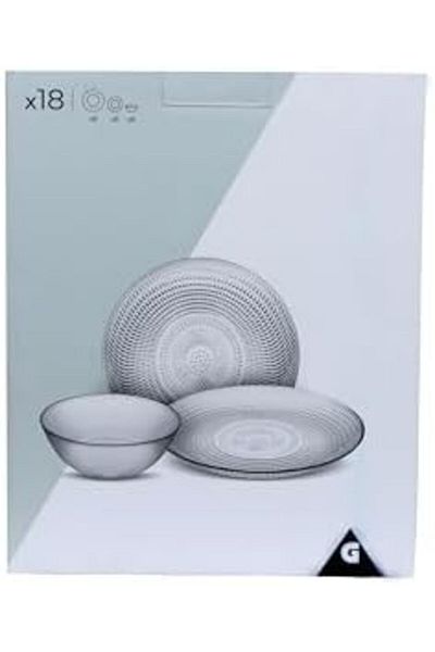 Zinnia , Glass Dinner Set 18pcs, (6 Main Plate, 6 Soup Plate, 6 Dessert Plate), Transparent Glass wit
