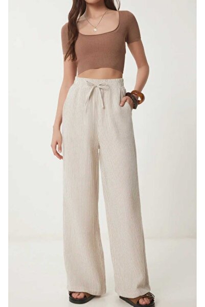 Pupa Çizgili Müslin Bol Paça Pantolon BEJ ÇİZGİLİ