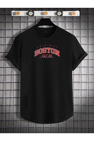 DEEPSENCE Set de 2 tricou și pantaloni scurți pentru bărbați, negru, din bumbac pieptănat, imprimare BOSTON RED