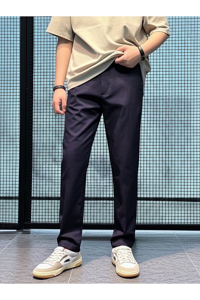 hello7 Men's Navy Blue Micro Textured Smart Casual Trousers