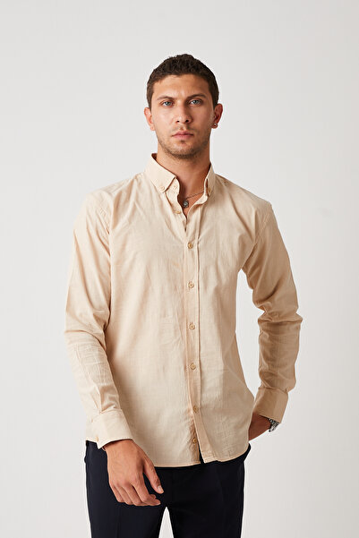 wodelli قميص رجالي من الكتان الكريمي - 100% قطن، كم طويل، قصة عادية، ياقة واقفة