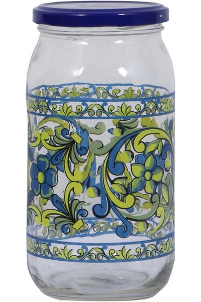 Zinnia , Spanish Glass Jar, 1 L, Blue Lid, Modern Decorated