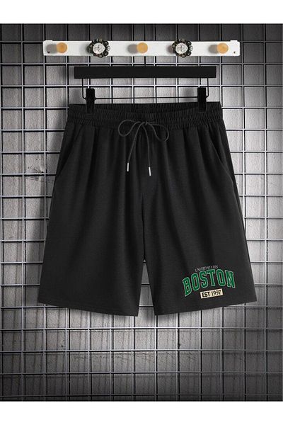 DEEPSENCE Set de 2 tricou și pantaloni scurți pentru bărbați, negru, din bumbac pieptănat, imprimare BOSTON GREEN