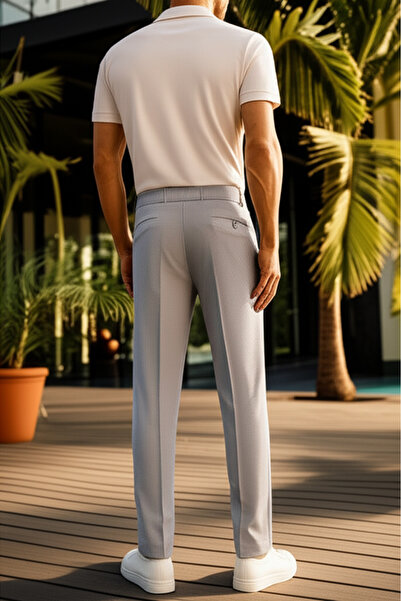 hello7 Açık Gri Dokulu Slim Fit Smart Casual Pantolon