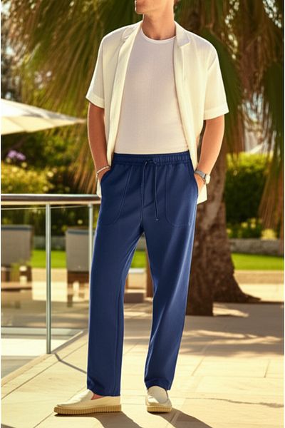 hello7 Navy Blue Comfortable Lace-Up Men's Trousers