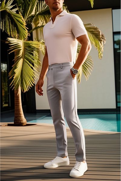 hello7 Light Gray Textured Slim Fit Smart Casual Trousers
