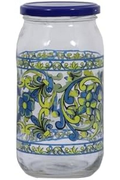 Zinnia , Spanish Glass Jar, 1 L, Blue Lid, Modern Decorated