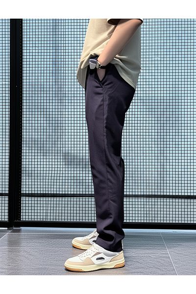 hello7 Men's Navy Blue Micro Textured Smart Casual Trousers