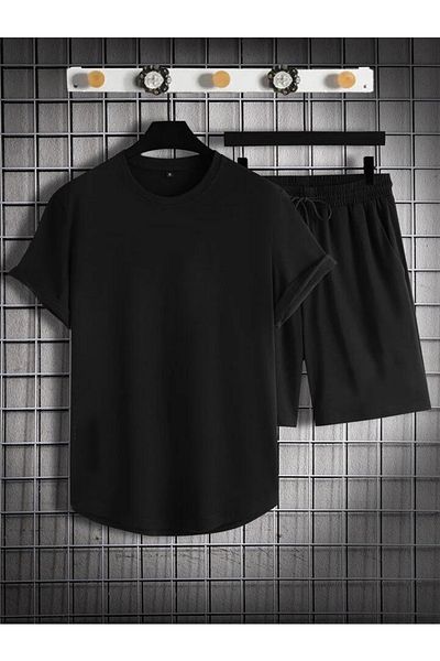 DEEPSENCE Set de 2 tricouri și pantaloni scurți pentru bărbați, negru, din bumbac pieptănat, PLAIN