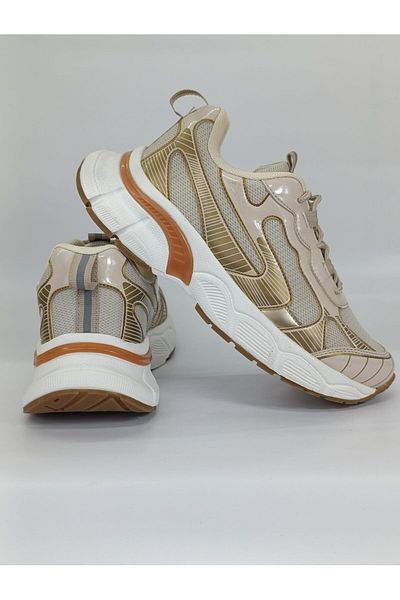 Ayakkabı Durağı Women's Lightweight Comfortable Patterned Sports Shoes Beige Gold