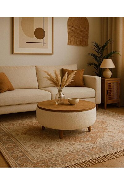 ZİERRA Yeni Nesil Modern Yuvarlak Puf Ceviz Ahşap Orta Sehpa