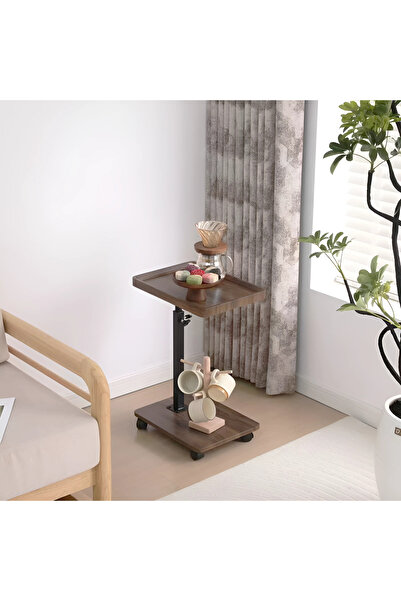 Herum Masă de cafea mobilă, 2 blaturi MDF, înălțime reglabilă, Herum, maro/negru, 40 x 30 x 45-80 cm