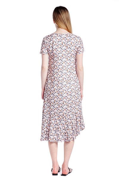 RVL Asymmetrical dress, pink/floral with ruffles