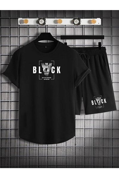 DEEPSENCE Set de 2 tricouri și pantaloni scurți pentru bărbați, negru, din bumbac pieptănat, imprimeu THE BLACK