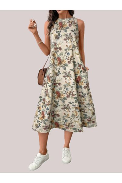 Kokosh moda Women's Zero Sleeve Round Neck Patterned Imported Linen Midi Dress