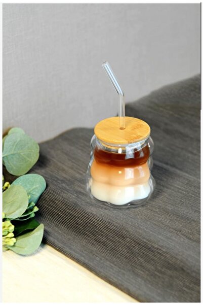 Paçi Bambu Kapaklı Pipetli Bardak- Açık Kahverengi / Şeffaf- 300 ml
