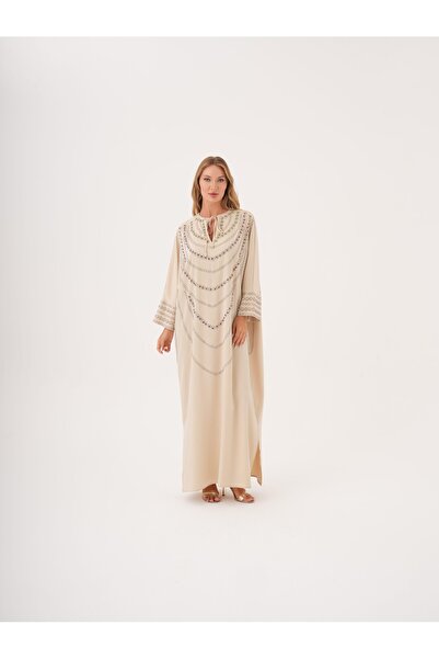 SERPİL Taş Detaylı Yırtmaçlı Salaş Kaftan Elbise