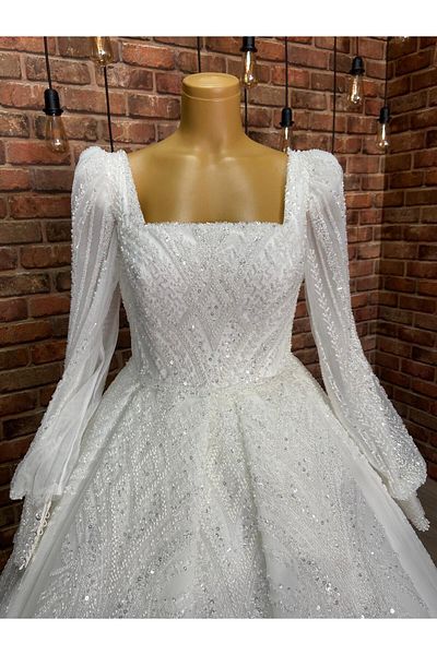 RENGARENG Plus Size Square Necklace Long Sleeve Wedding Dress