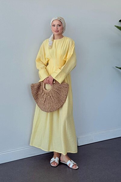 Hazamoda Eyfel Kuşaklı Elbise Sarı