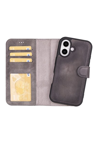 PLM متوافق مع هاتف iPhone 16 Plus، جلد طبيعي، مصنوع يدويًا، حافظة محفظة، رماد...