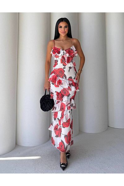 Bak'ap Premium Design Trend Kedd Ruffle Detail Maxi Floral Rose Print Chiffon Dress