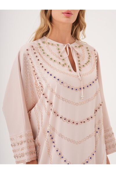 SERPİL Taş Detaylı Yırtmaçlı Salaş Kaftan Elbise