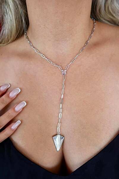 TAKIŞTIR قلادة على شكل حرف Y مثلثة الشكل مصنوعة من حجر فضي اللون