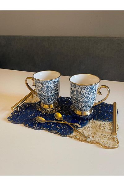 SART Creative Epoxy Serving Tray Set with Cups, Stand and Spoons - 35x21 Cm