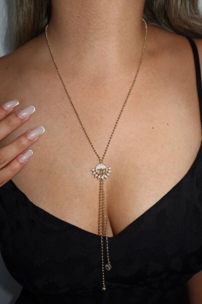 TAKIŞTIR قلادة على شكل حرف Y مرصعة بالأحجار الذهبية اللون