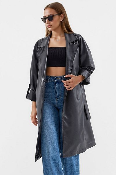 Merterium Women's Belted Faux Leather Trench Coat 1038 - Black