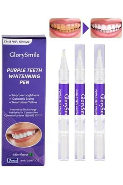 GlorySmile V34 Purple Teeth Whitening Pen Set - Color Corrector Toothpaste, Gel Pen, Tooth Stain Remover for Se