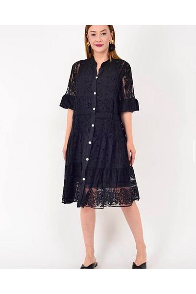 GÜLDEN KATRAN Women's Lace Detailed Poor Sleeve Shirt Dress