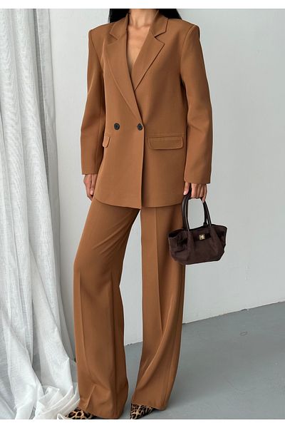 GALAVİP Oversized Double-Breasted Jacket & Wide-Leg Pants Women's Two-Piece Set – Office & Cocktail Chic (S‑M‑L)