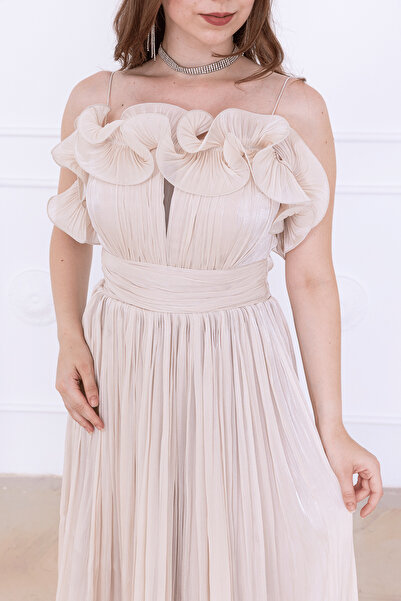 BEYBOS Şifon Kumaş Volan Detaylı Midi Elbise - BEJ