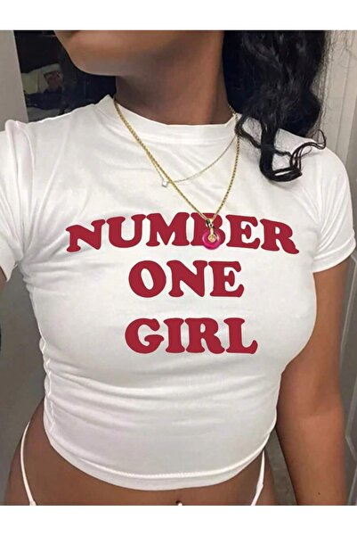 StartMore Kadın Number One Gırl Baskılı Baby Tee Crop