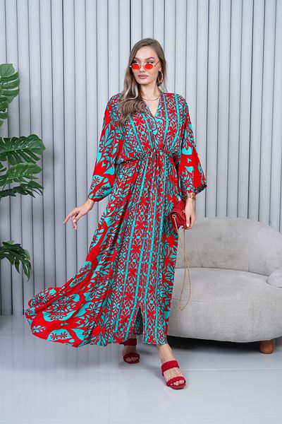 EL jadida Women's Patterned Double Breasted Collar Viscose Plus Size Hijab Dress