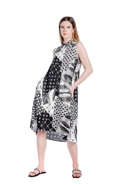 RVL Asymmetrical viscose shirt dress, white/black