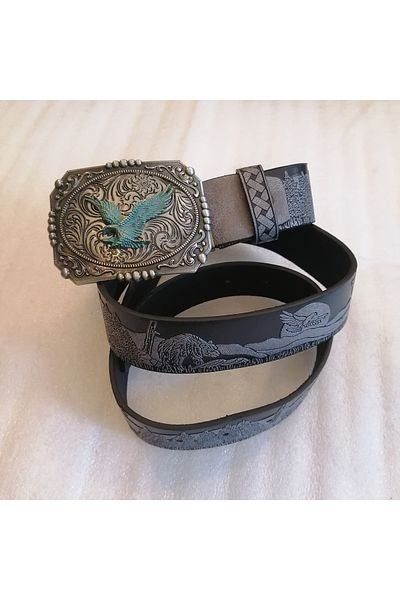 Butik Tülin Unisex Authentic Faux Leather Gray Black Tree Animal Printed Metallic Flying Eagle Cowboy Buckle Belt